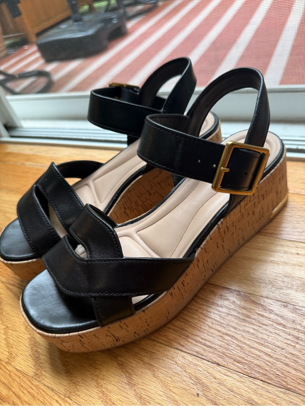 SARTO By Franco Sarto Black Leather Platform Cork Wedge Sandals with Gold Buckle